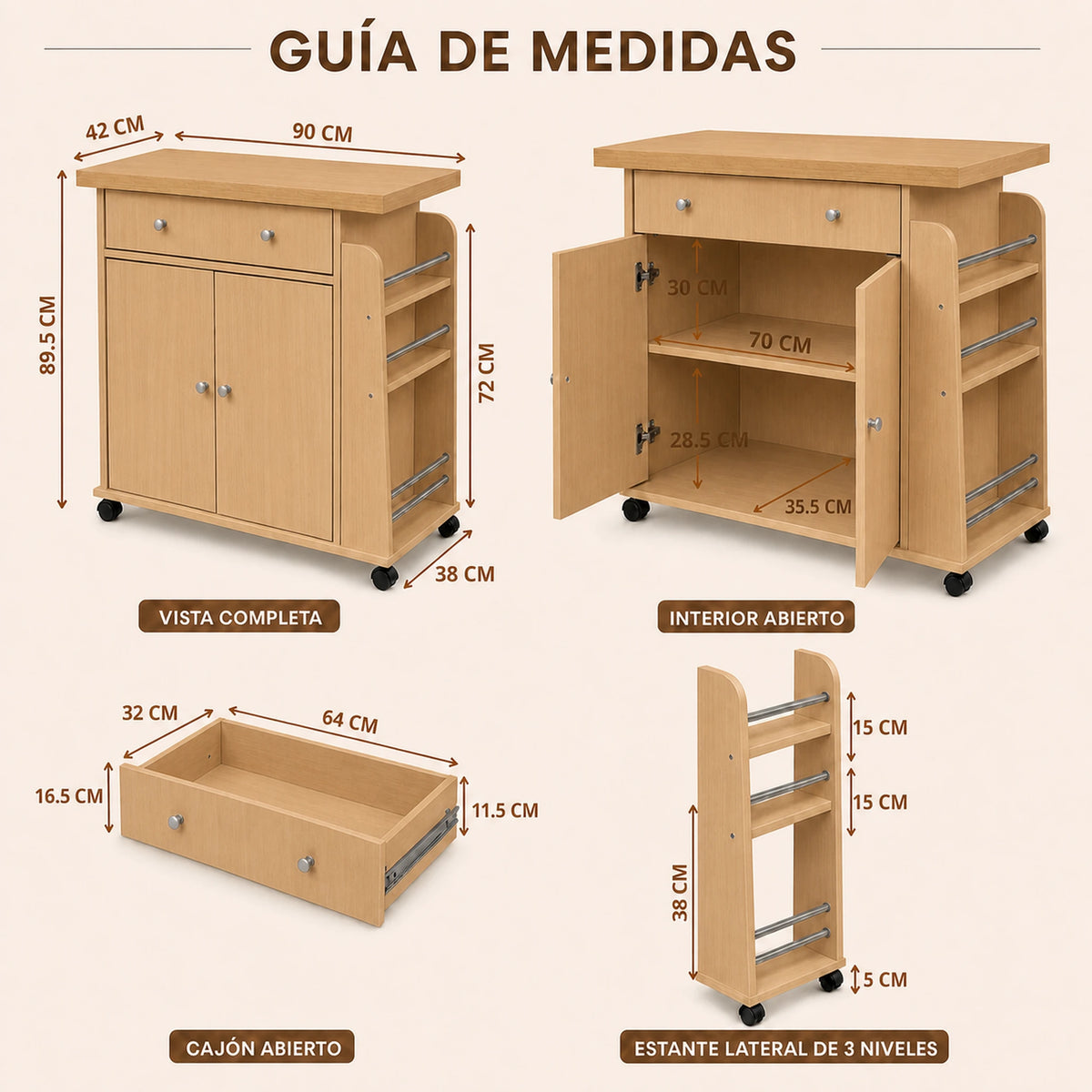 Guía de medidas del carrito auxiliar de cocina con ruedas, cajón, gabinete y repisas laterales