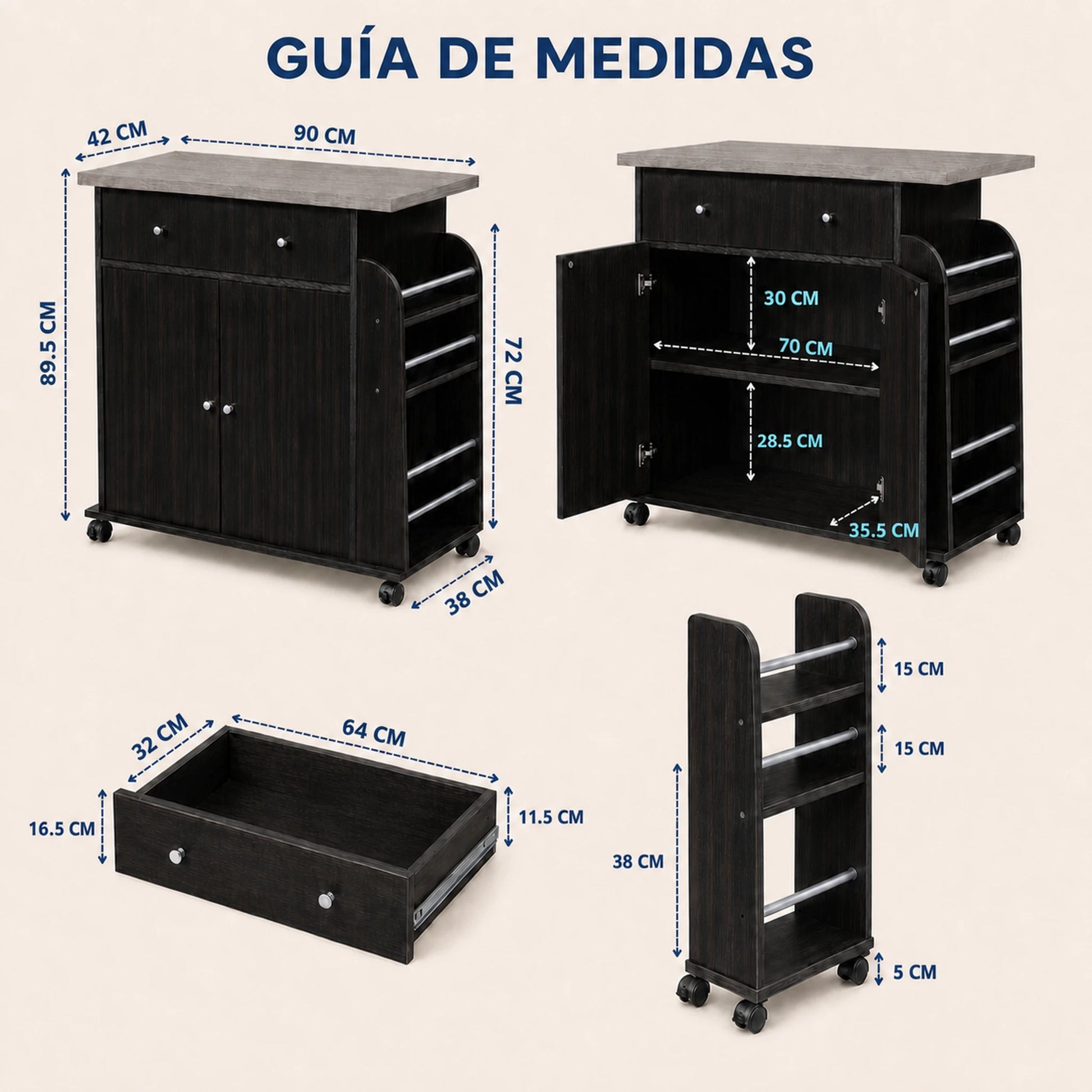 Guía de medidas del carrito auxiliar de cocina con ruedas, cajón, gabinete y repisas laterales