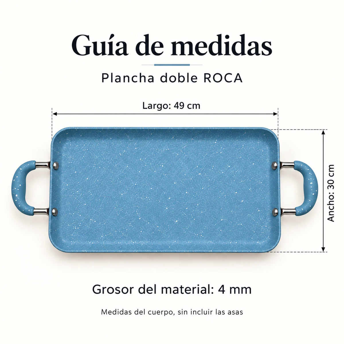 Guía de medidas de la plancha doble ROCA: 49 x 30 cm, color Celeste Marmoleado