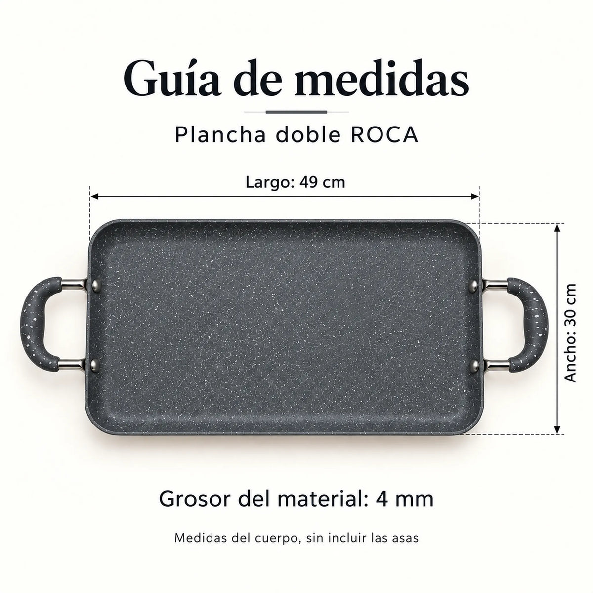 Guía de medidas de la plancha doble ROCA: 49 x 30 cm, color Gris Oscuro Marmoleado