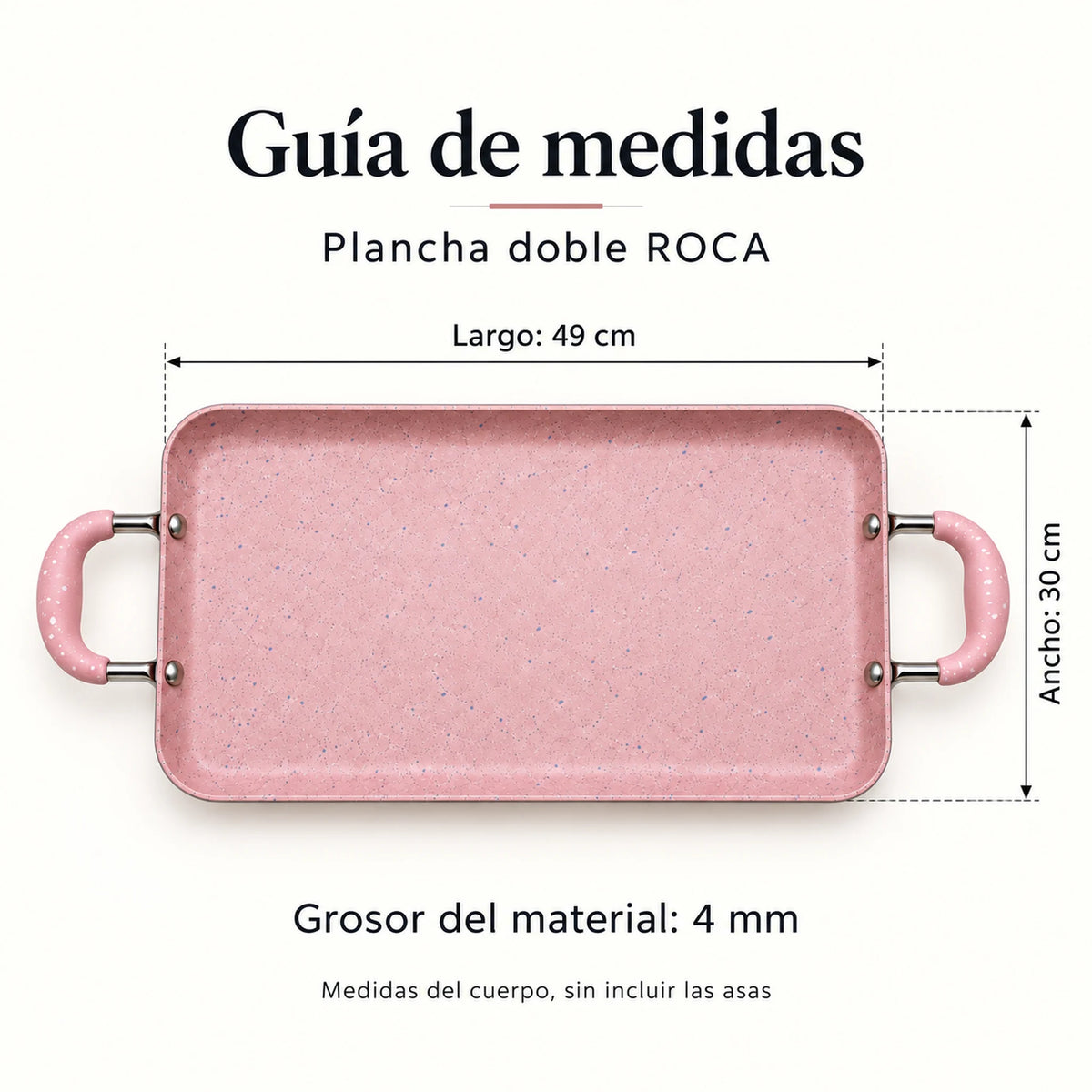 Guía de medidas de la plancha doble ROCA: 49 x 30 cm, color Rosa Marmoleado