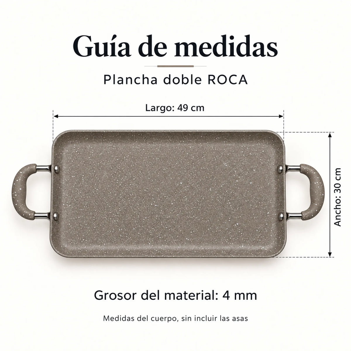 Guía de medidas de la plancha doble ROCA: 49 x 30 cm, color Taupe Marmoleado