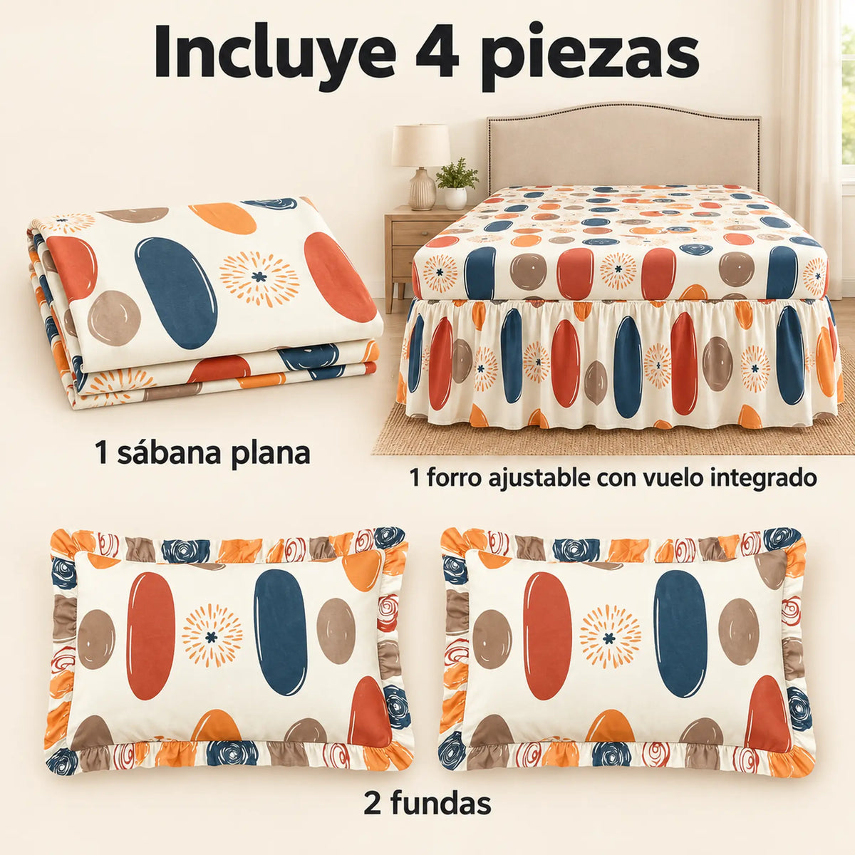 Juego de sábanas con vuelo 4 piezas, diseño Óvalos Multicolor – piezas incluidas: sábana plana, forro ajustable con vuelo y 2 fundas