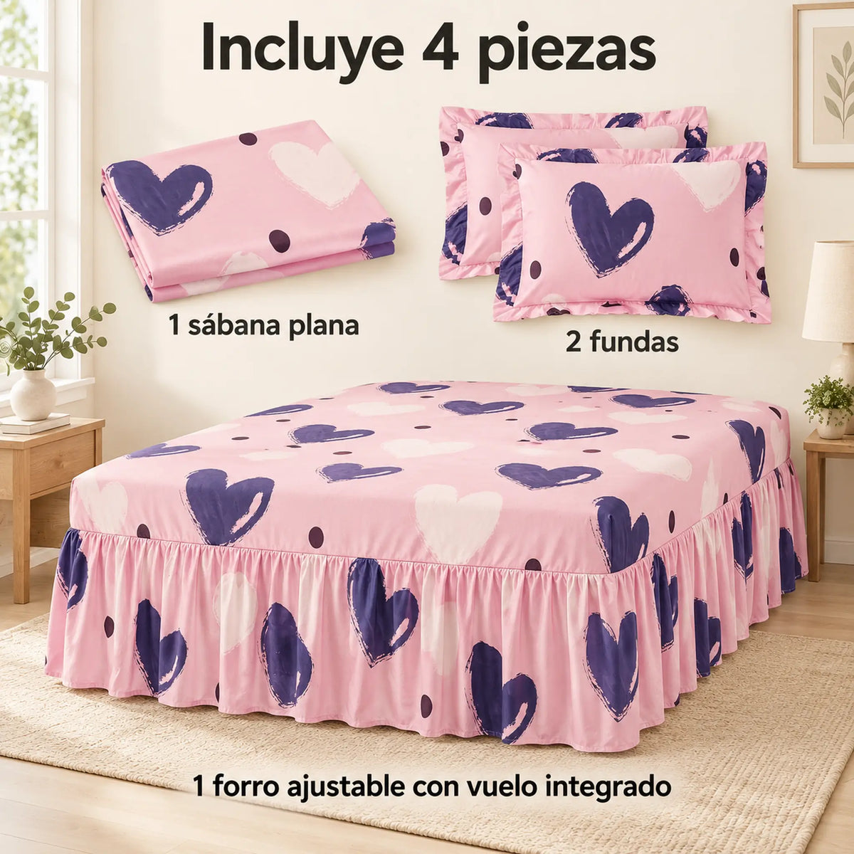 Juego de sábanas con vuelo 4 piezas, diseño Corazones Rosa y Morado – piezas incluidas: sábana plana, forro ajustable con vuelo y 2 fundas
