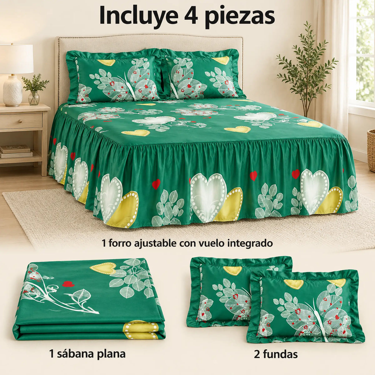 Juego de sábanas con vuelo 4 piezas, diseño Corazones Verde Esmeralda – piezas incluidas: sábana plana, forro ajustable con vuelo y 2 fundas