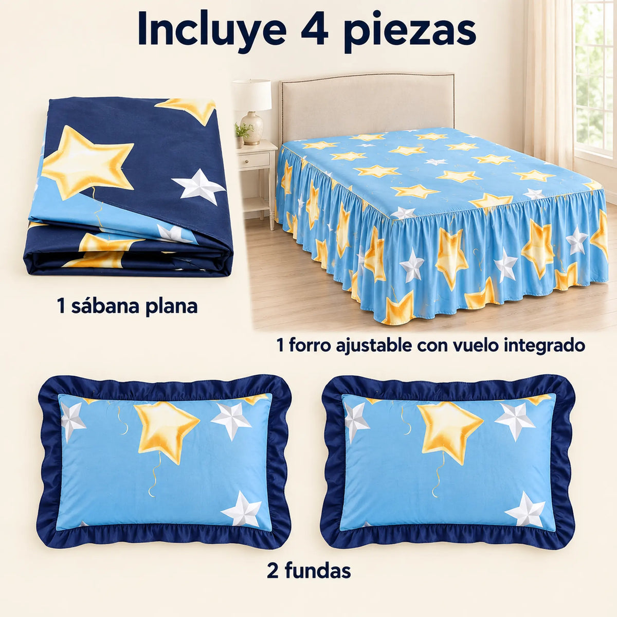 Juego de sábanas con vuelo 4 piezas, diseño Estrellas Doradas Azul – piezas incluidas: sábana plana, forro ajustable con vuelo y 2 fundas