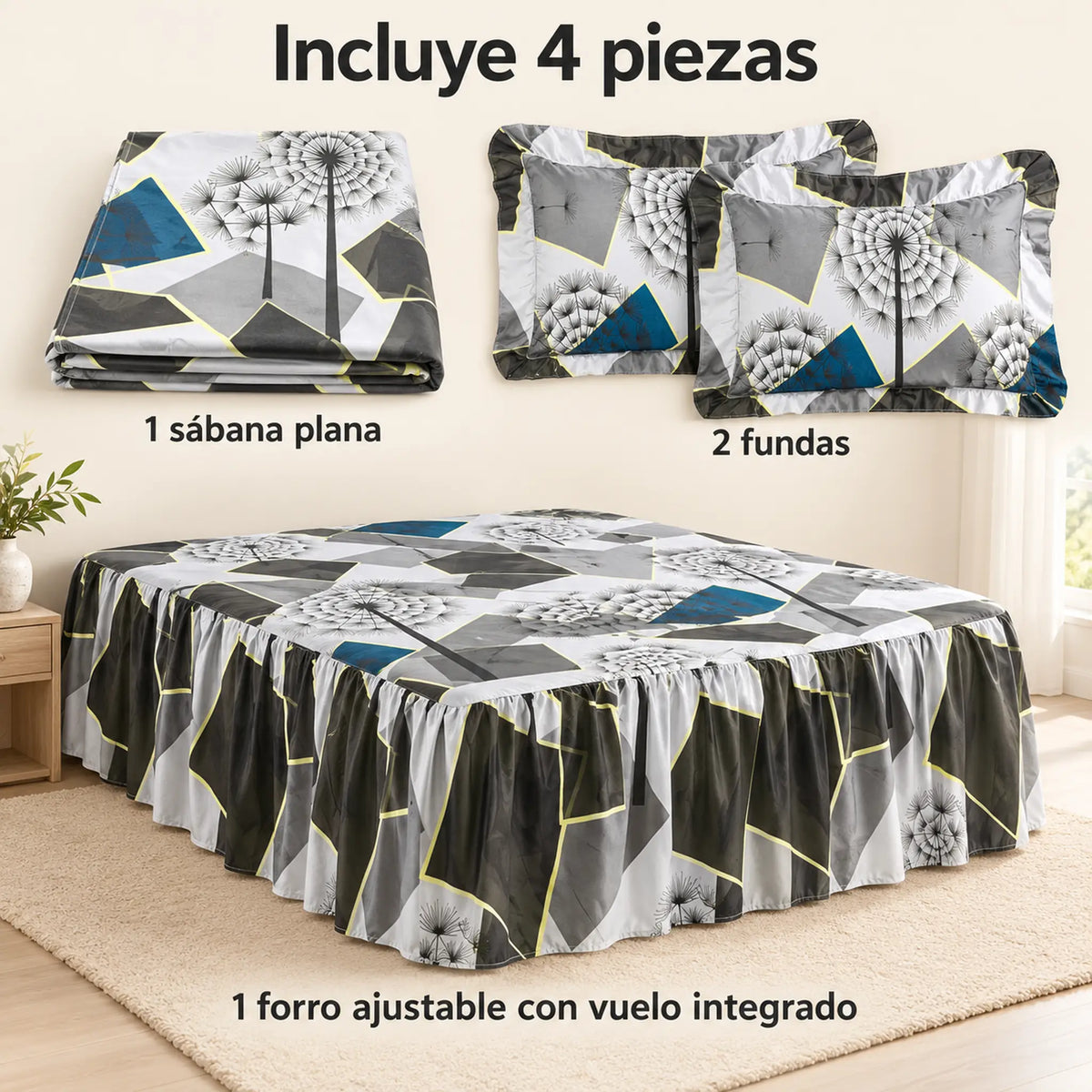 Juego de sábanas con vuelo 4 piezas, diseño Dientes de León Gris y Azul – piezas incluidas: sábana plana, forro ajustable con vuelo y 2 fundas