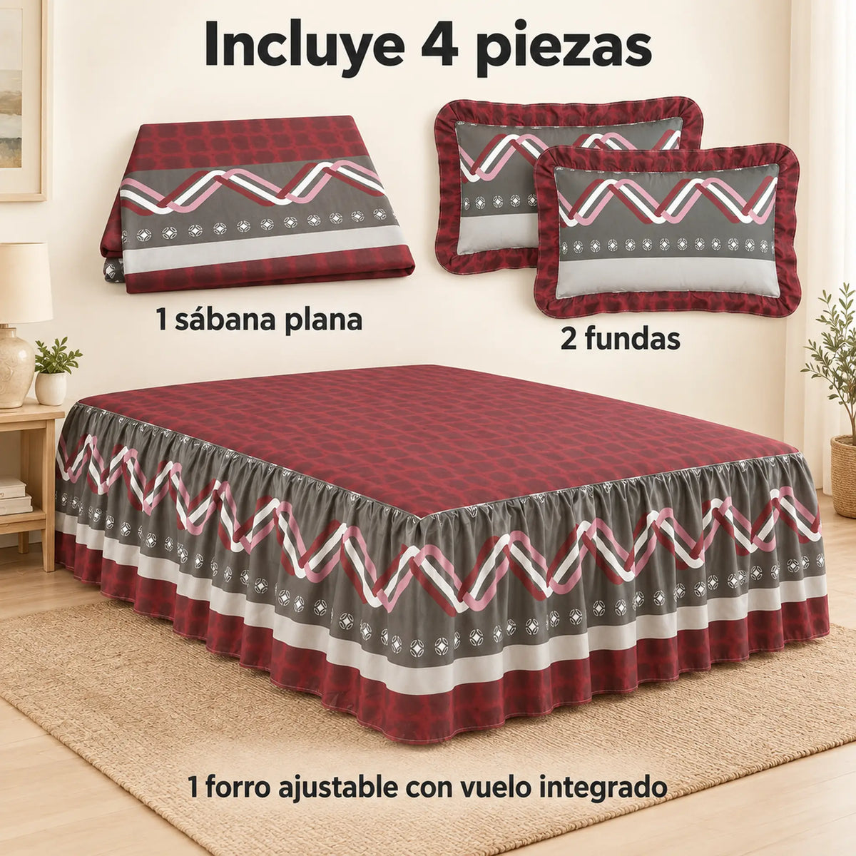 Juego de sábanas con vuelo 4 piezas, diseño Geométrico Vino y Gris – piezas incluidas: sábana plana, forro ajustable con vuelo y 2 fundas