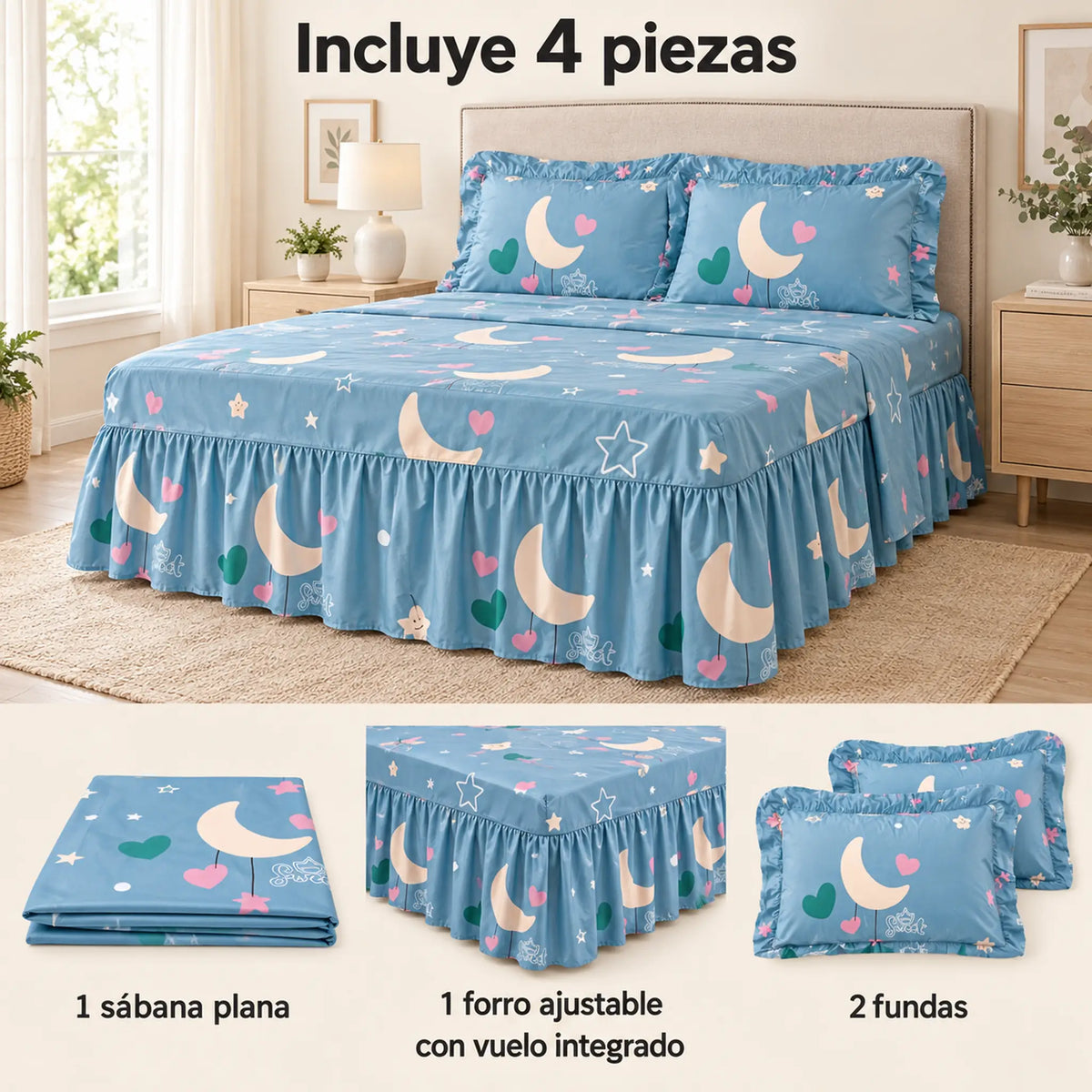 Juego de sábanas con vuelo 4 piezas, diseño Lunas y Corazones Azul – piezas incluidas: sábana plana, forro ajustable con vuelo y 2 fundas