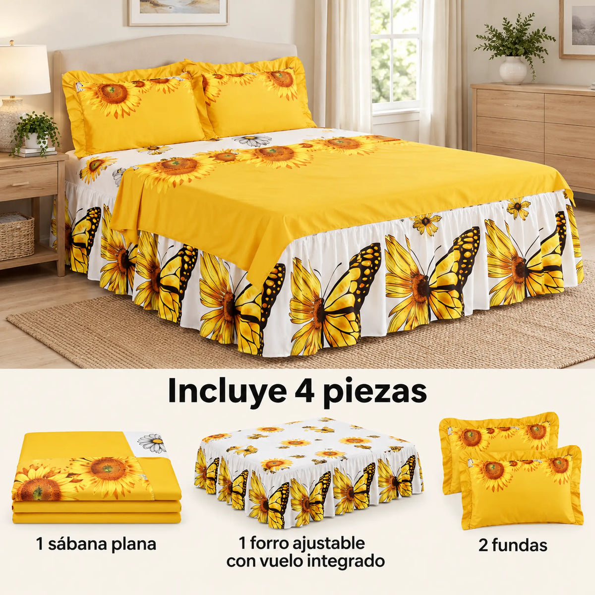 Juego de sábanas con vuelo 4 piezas, diseño Girasoles y Mariposas Amarillas – piezas incluidas: sábana plana, forro ajustable con vuelo y 2 fundas