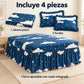 Juego de sábanas con vuelo 4 piezas, diseño Nubes y Estrellas Azul Marino – piezas incluidas: sábana plana, forro ajustable con vuelo y 2 fundas