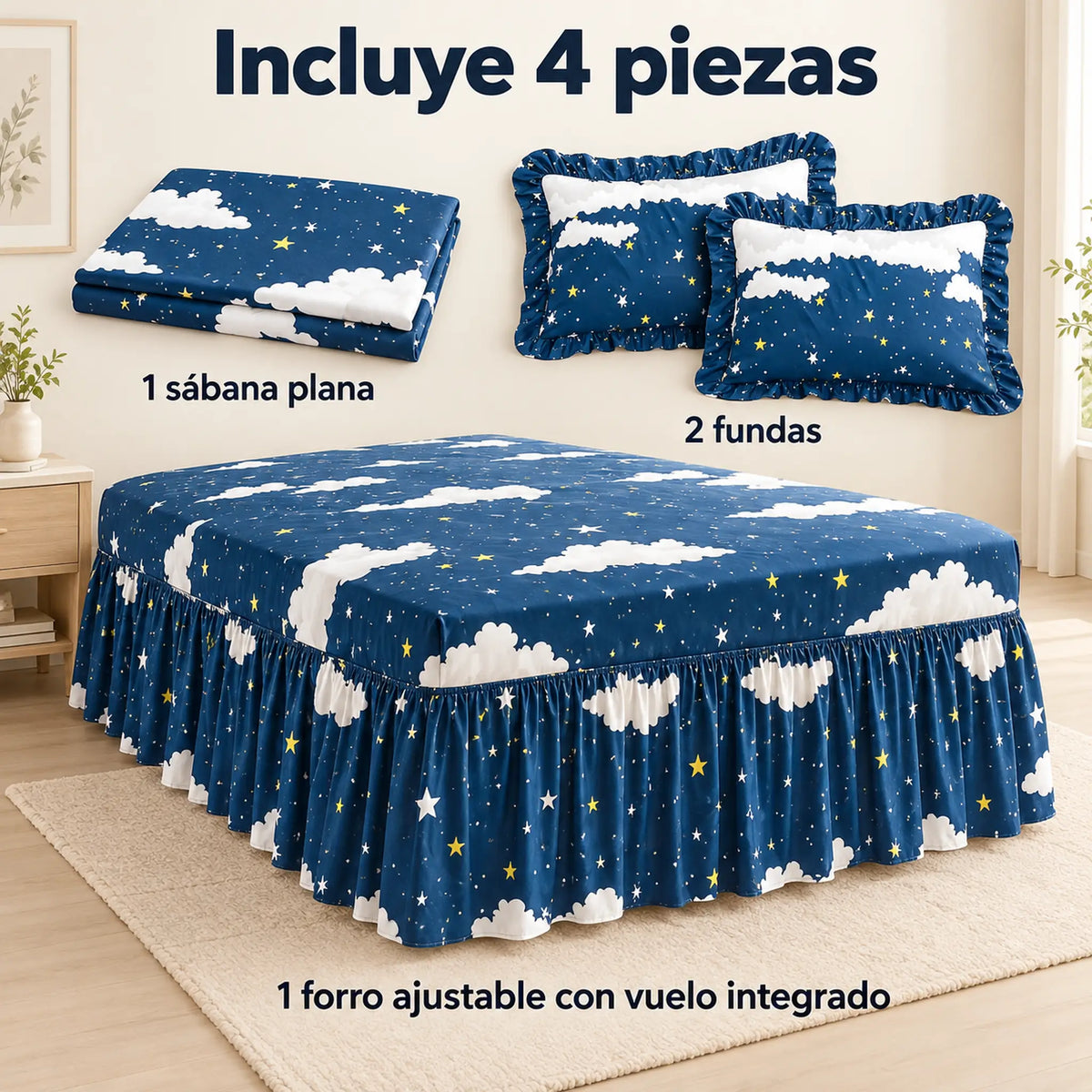 Juego de sábanas con vuelo 4 piezas, diseño Nubes y Estrellas Azul Marino – piezas incluidas: sábana plana, forro ajustable con vuelo y 2 fundas
