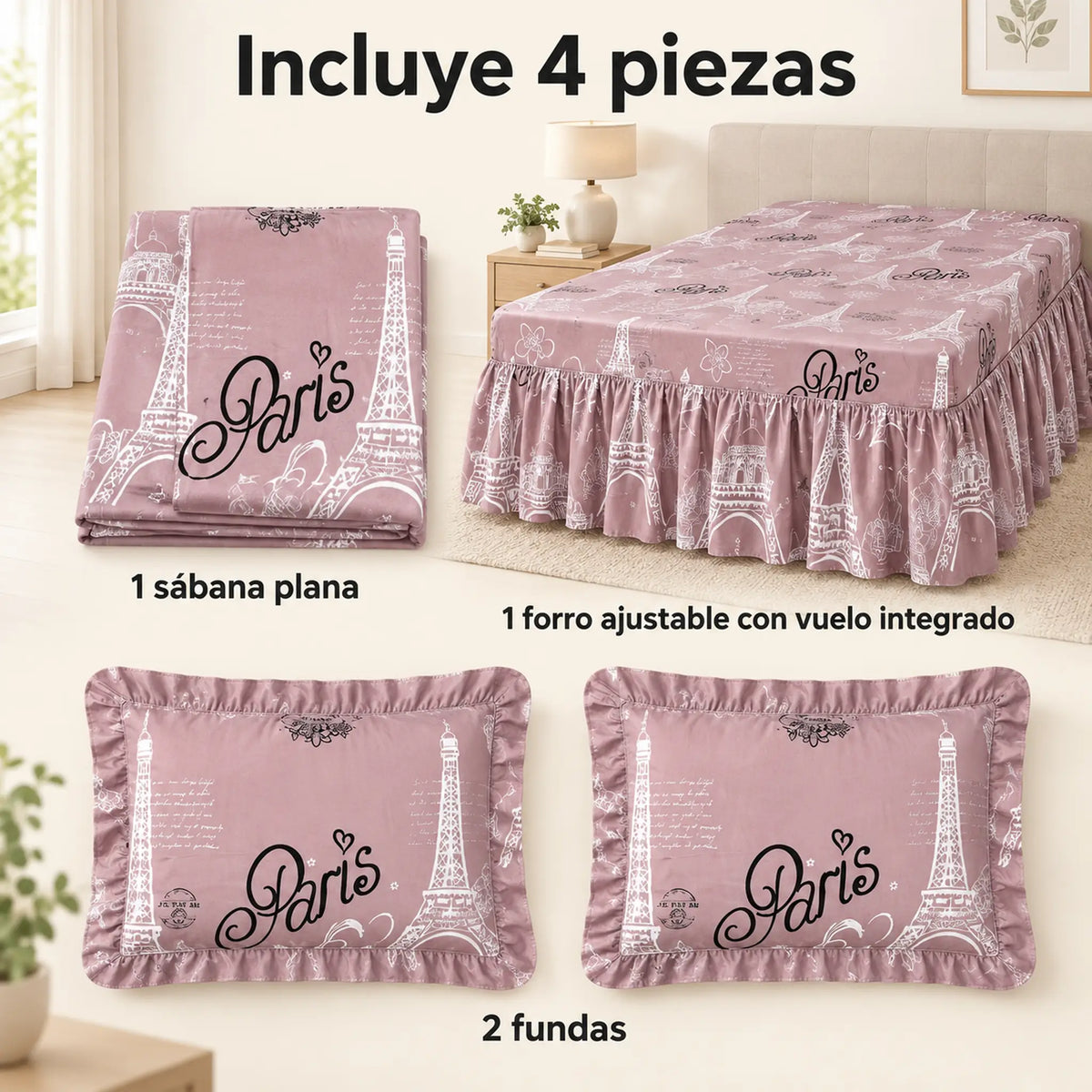 Juego de sábanas con vuelo 4 piezas, diseño París Rosa Malva – piezas incluidas: sábana plana, forro ajustable con vuelo y 2 fundas
