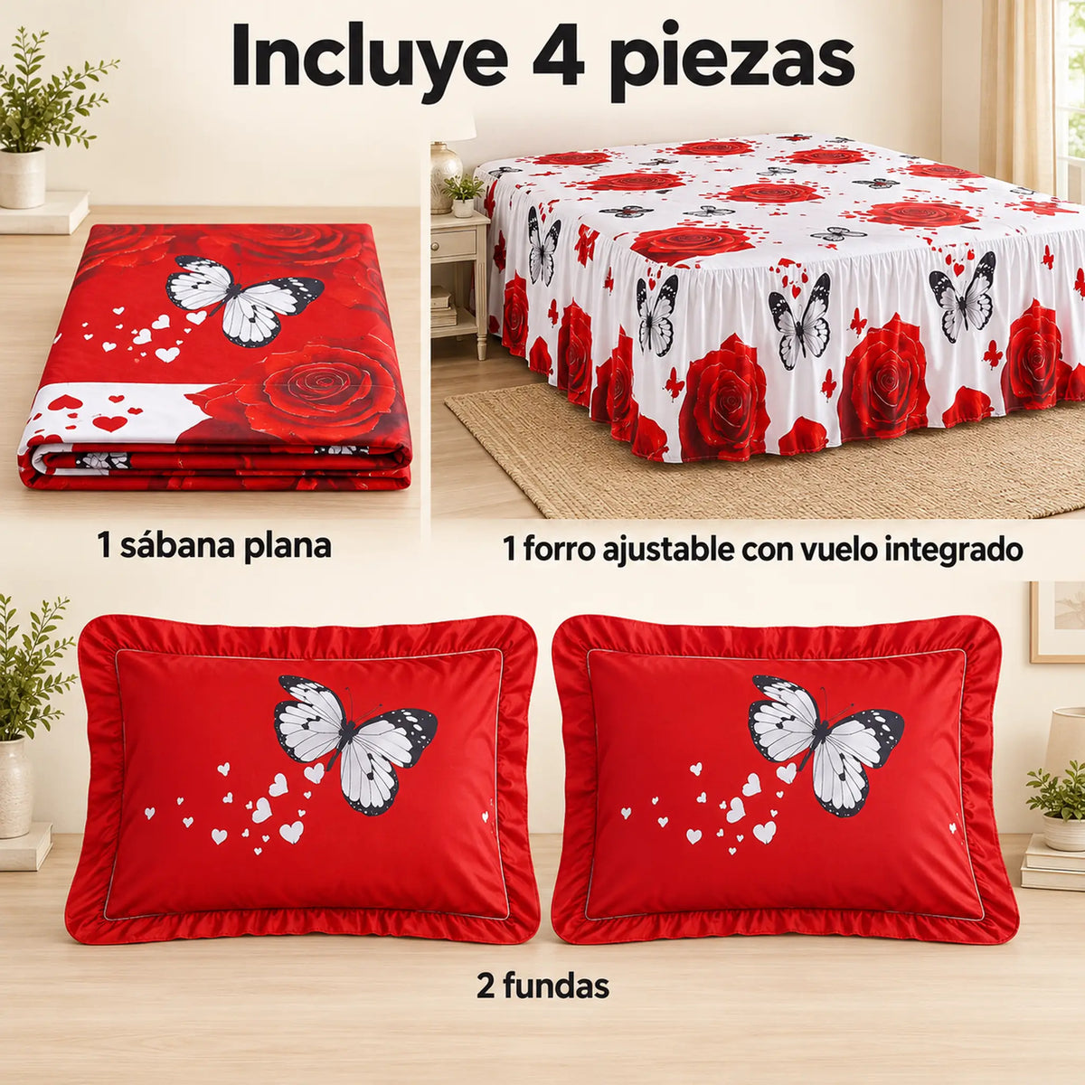 Juego de sábanas con vuelo 4 piezas, diseño Rosas Rojas y Mariposas – piezas incluidas: sábana plana, forro ajustable con vuelo y 2 fundas