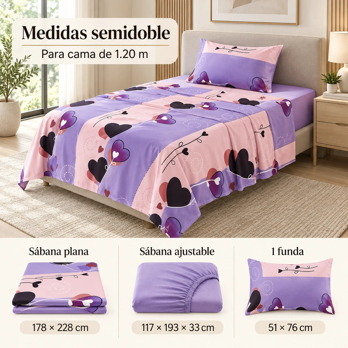 Juego de sábanas semimatrimonial 1.20 m, diseño Corazones Lila y Rosa – medidas para cama de 1.20 m