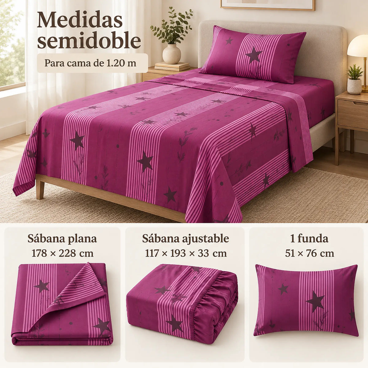 Juego de sábanas semimatrimonial 1.20 m, diseño Estrellas Magenta – medidas para cama de 1.20 m