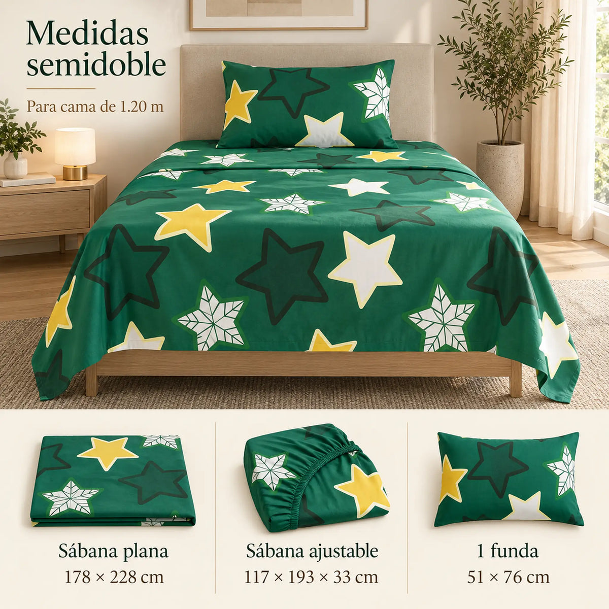 Juego de sábanas semimatrimonial 1.20 m, diseño Estrellas Verde Esmeralda – medidas para cama de 1.20 m