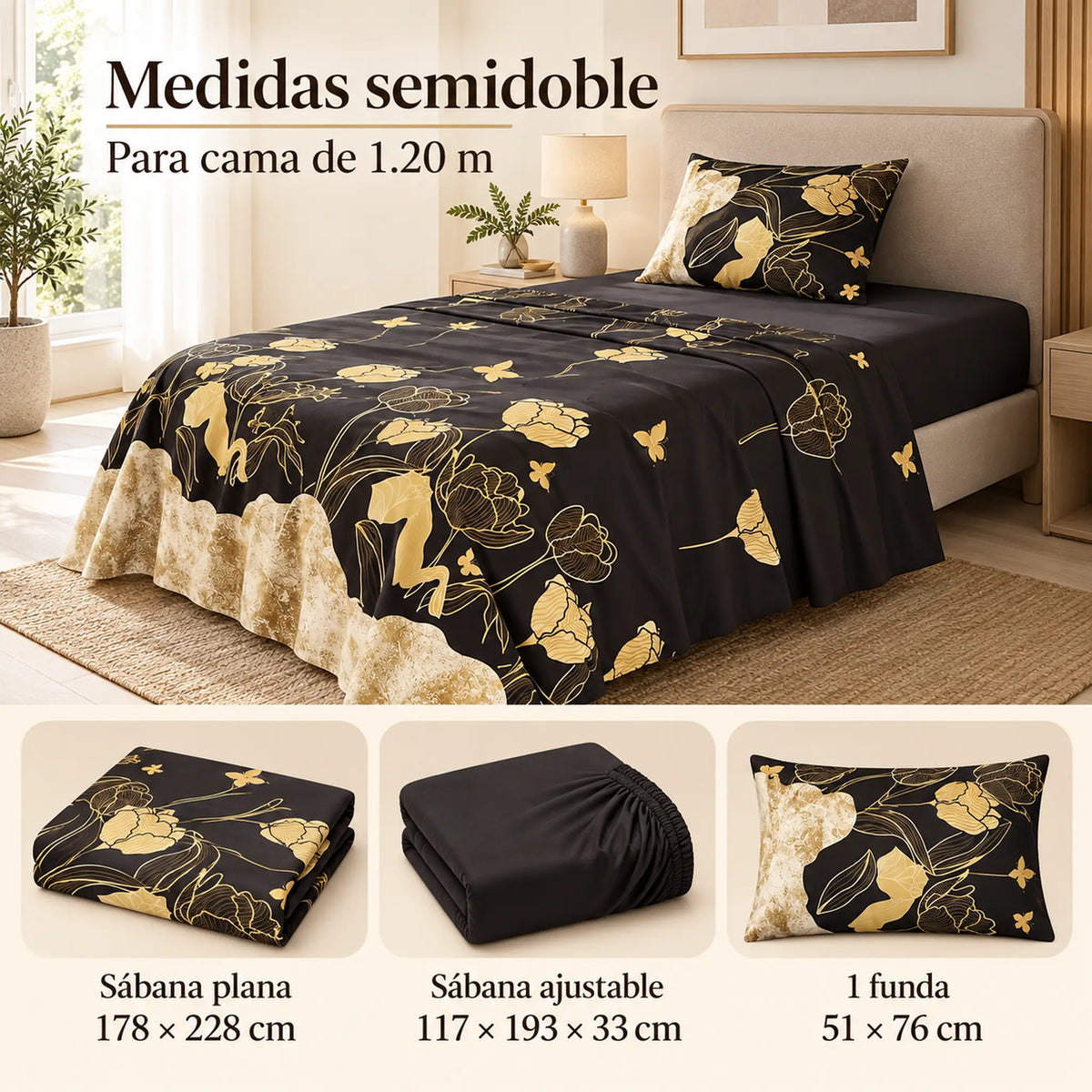 Juego de sábanas semimatrimonial 1.20 m, diseño Flores Doradas Fondo Negro – medidas para cama de 1.20 m