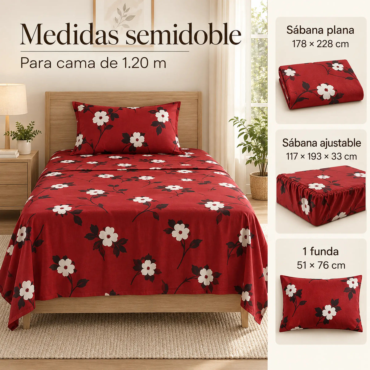 Juego de sábanas semimatrimonial 1.20 m, diseño Flores Blancas Fondo Rojo – medidas para cama de 1.20 m