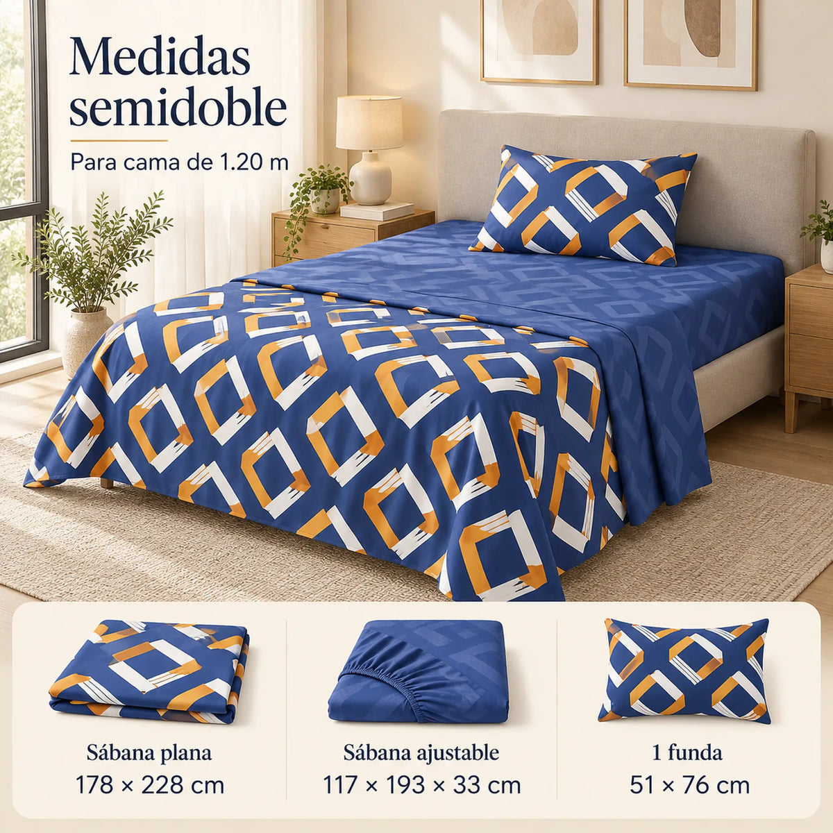 Juego de sábanas semimatrimonial 1.20 m, diseño Geométrico Azul y Mostaza – medidas para cama de 1.20 m