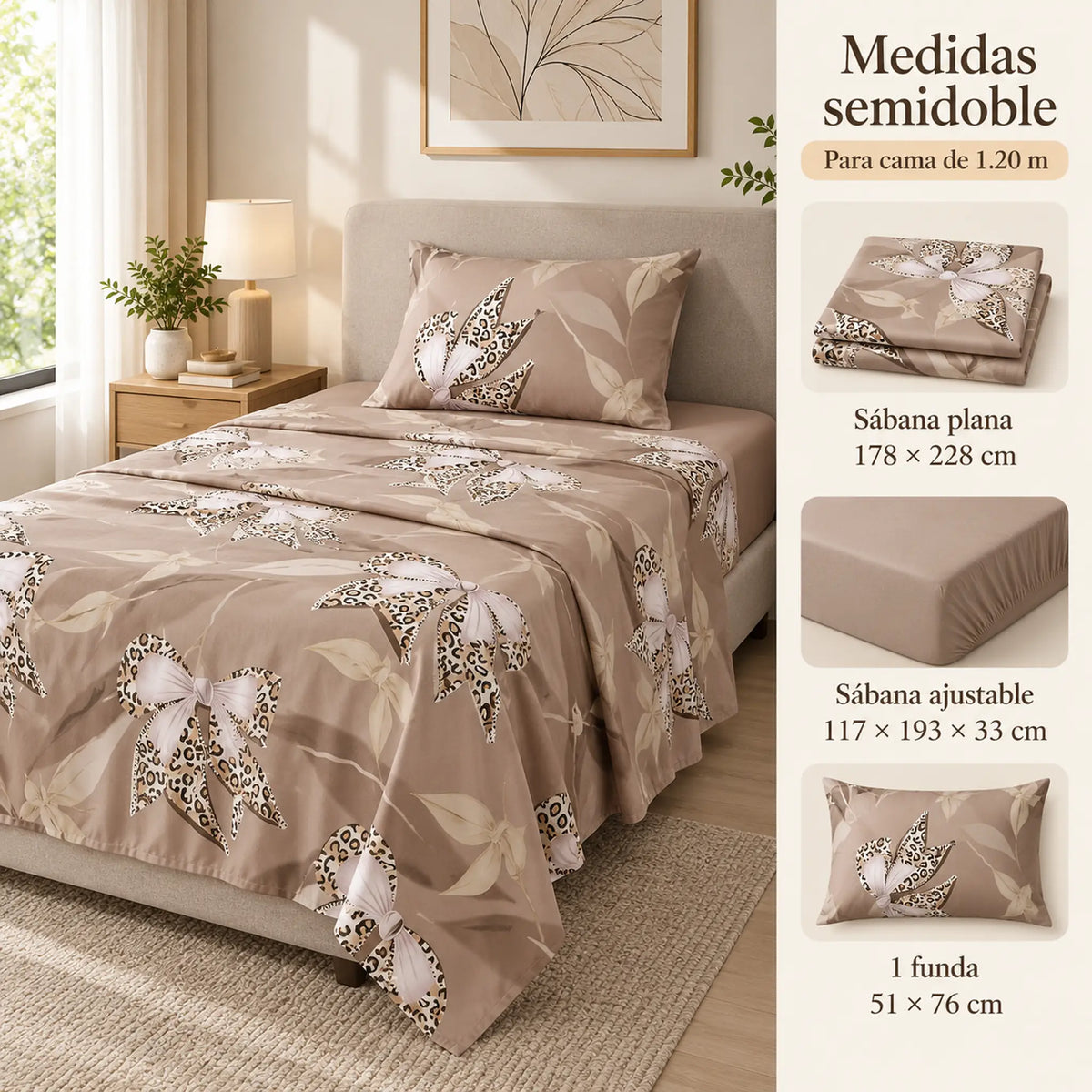 Juego de sábanas semimatrimonial 1.20 m, diseño Lazos Beige Leopardo – medidas para cama de 1.20 m