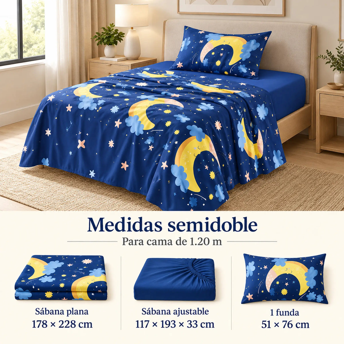 Juego de sábanas semimatrimonial 1.20 m, diseño Lunas y Estrellas Azul Marino – medidas para cama de 1.20 m
