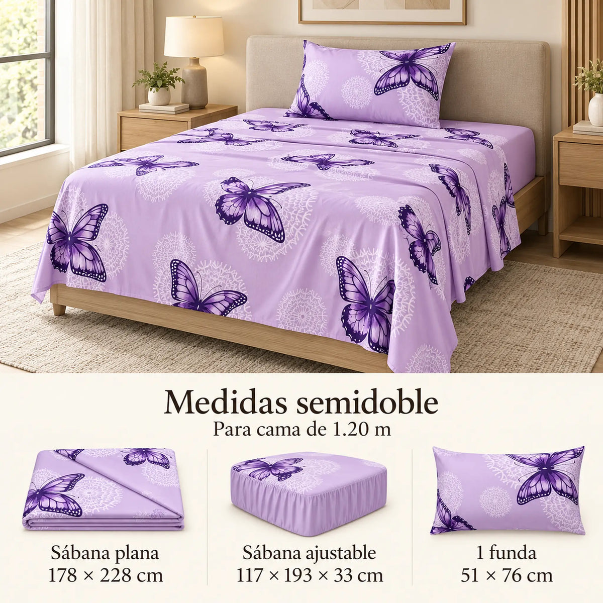 Juego de sábanas semimatrimonial 1.20 m, diseño Mariposas Lila – medidas para cama de 1.20 m