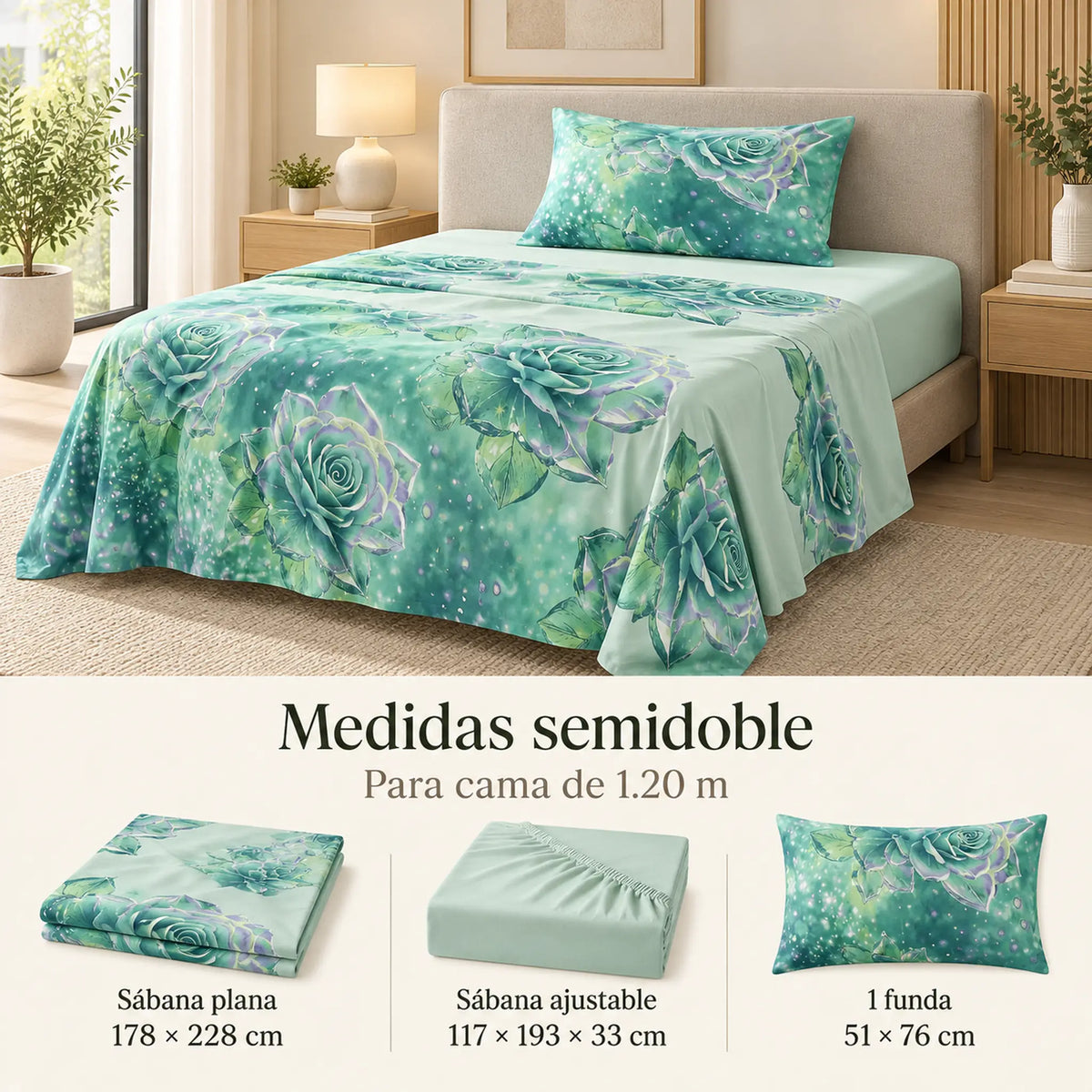Juego de sábanas semimatrimonial 1.20 m, diseño Rosas Verde Agua – medidas para cama de 1.20 m