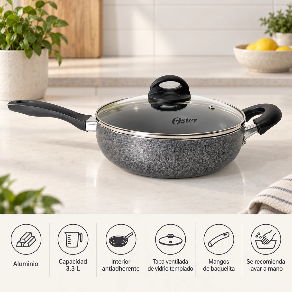 Características de la sartén Oster: aluminio, 3.3 L, antiadherente, tapa ventilada y mangos de baquelita