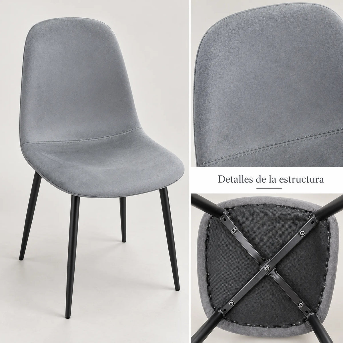 Detalle de las uniones atornilladas bajo el asiento de la silla Beneli gris claro
