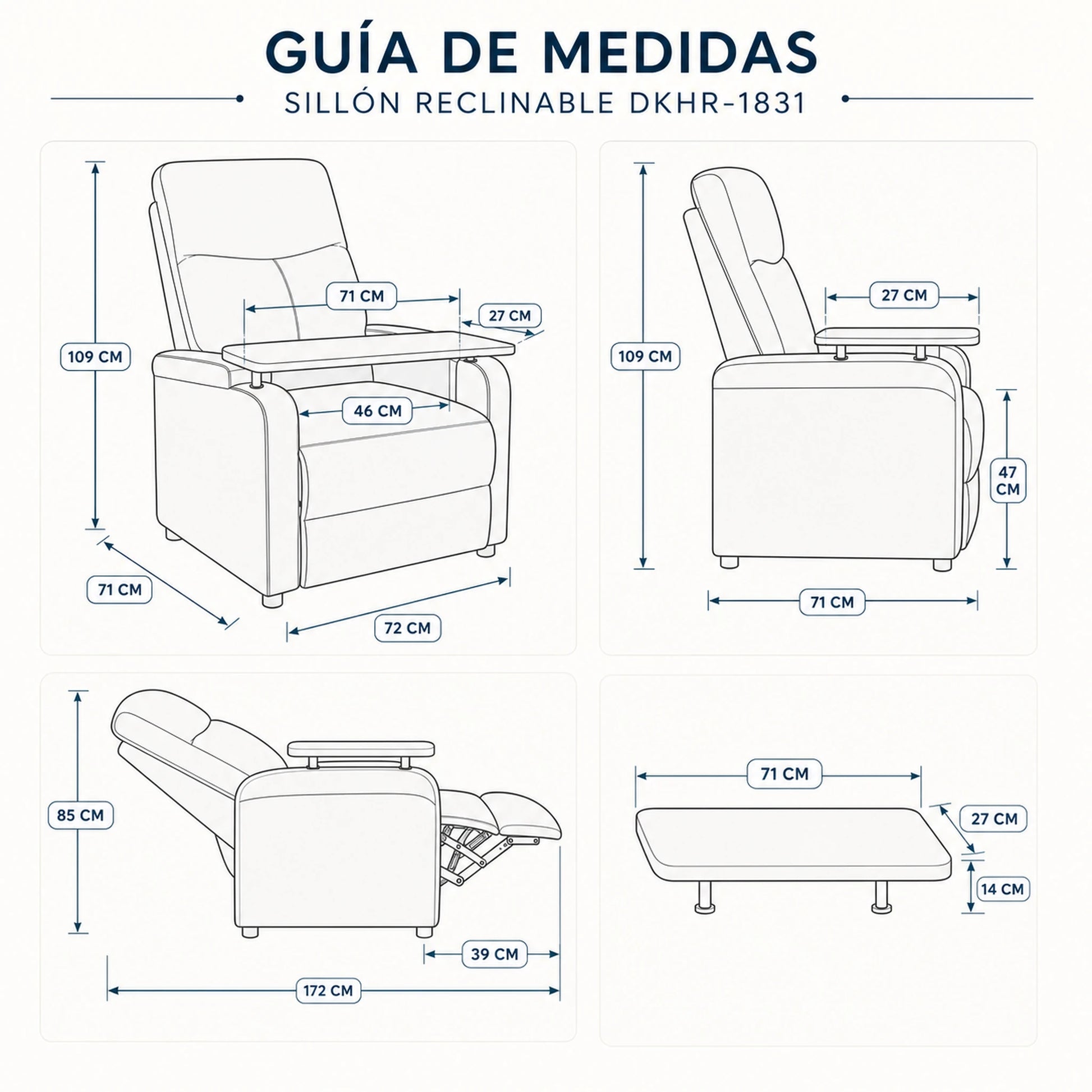 Guía de medidas del sillón reclinable tapizado en gris, SKU DKHR-1831