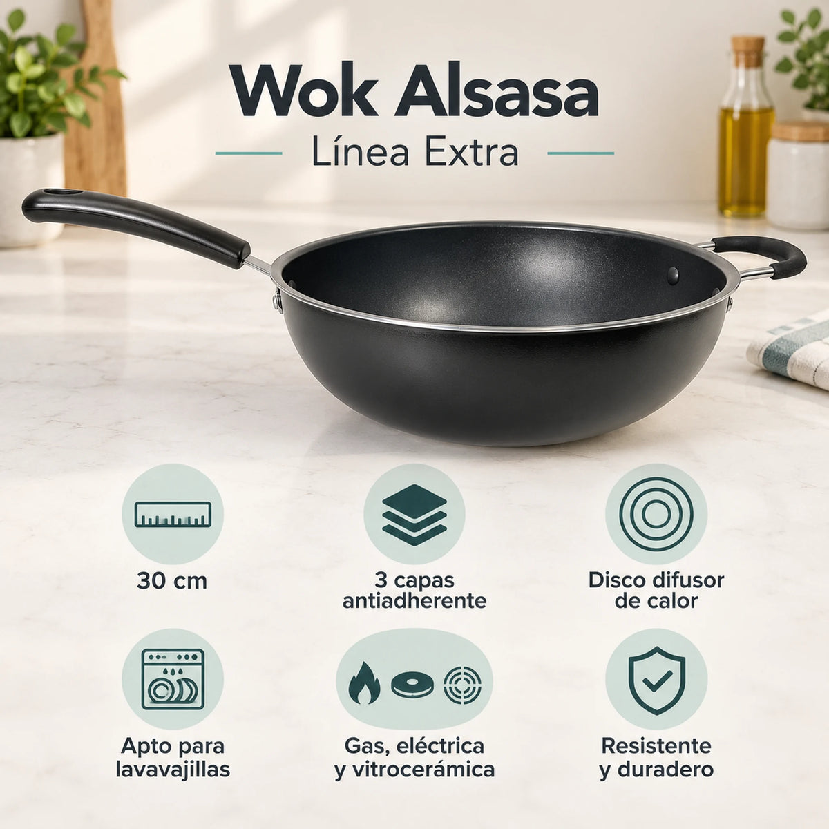 Beneficios del wok Alsasa: 30 cm, 3 capas antiadherentes, disco difusor y apto para lavavajillas