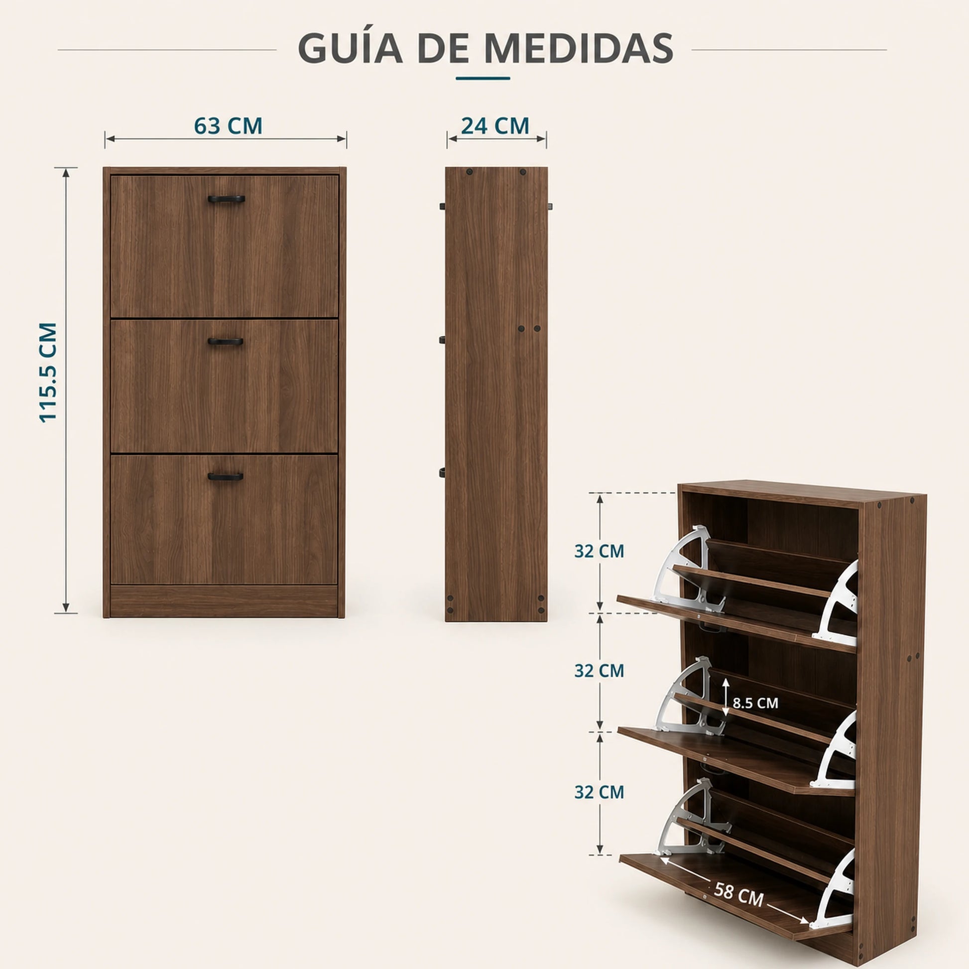 Guía de medidas de la zapatera de madera nogal de 3 niveles