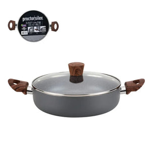 Olla Baja Antiadherente Proctor Silex 3.5QT (3.4L) de Aluminio con Tapa de Vidrio y Mangos Tipo Madera – Gris