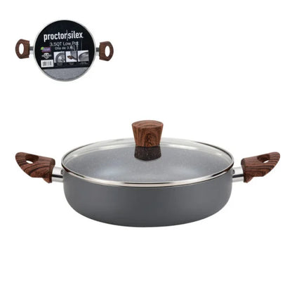 Olla Baja Antiadherente Proctor Silex 3.5QT (3.4L) de Aluminio con Tapa de Vidrio y Mangos Tipo Madera – Gris