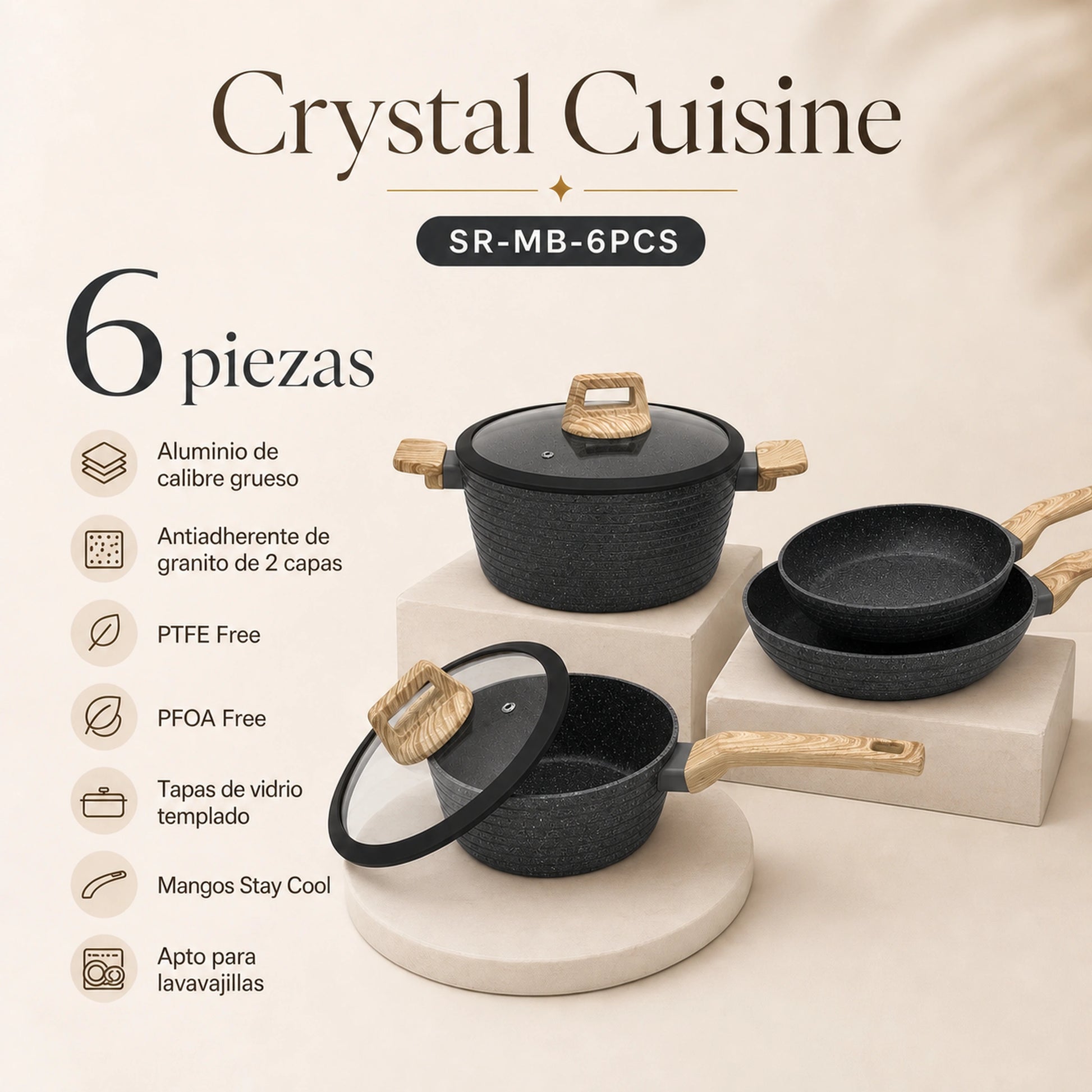 Características principales de la batería de cocina Crystal Cuisine en color Negro