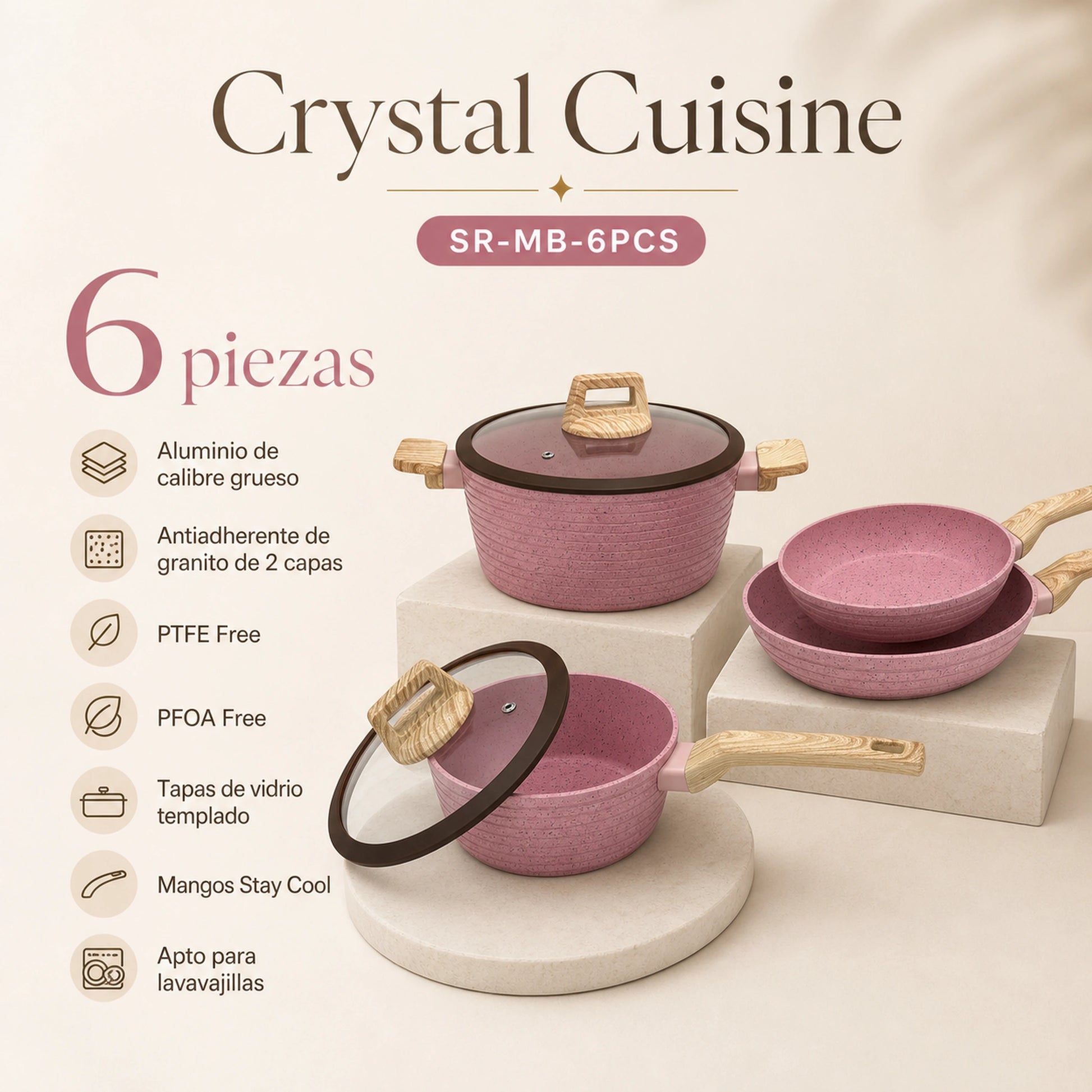 Características principales de la batería de cocina Crystal Cuisine en color Rosa