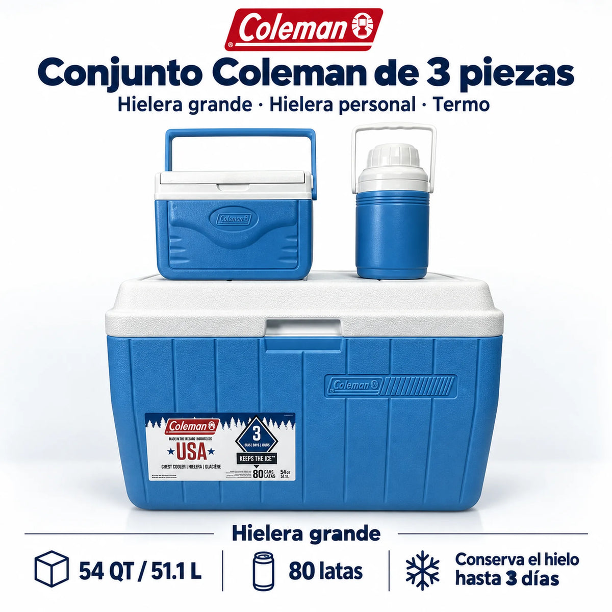 Resumen del set Coleman de 3 piezas: hielera de 54 QT/51.1 L, 80 latas y conserva el hielo hasta 3 días