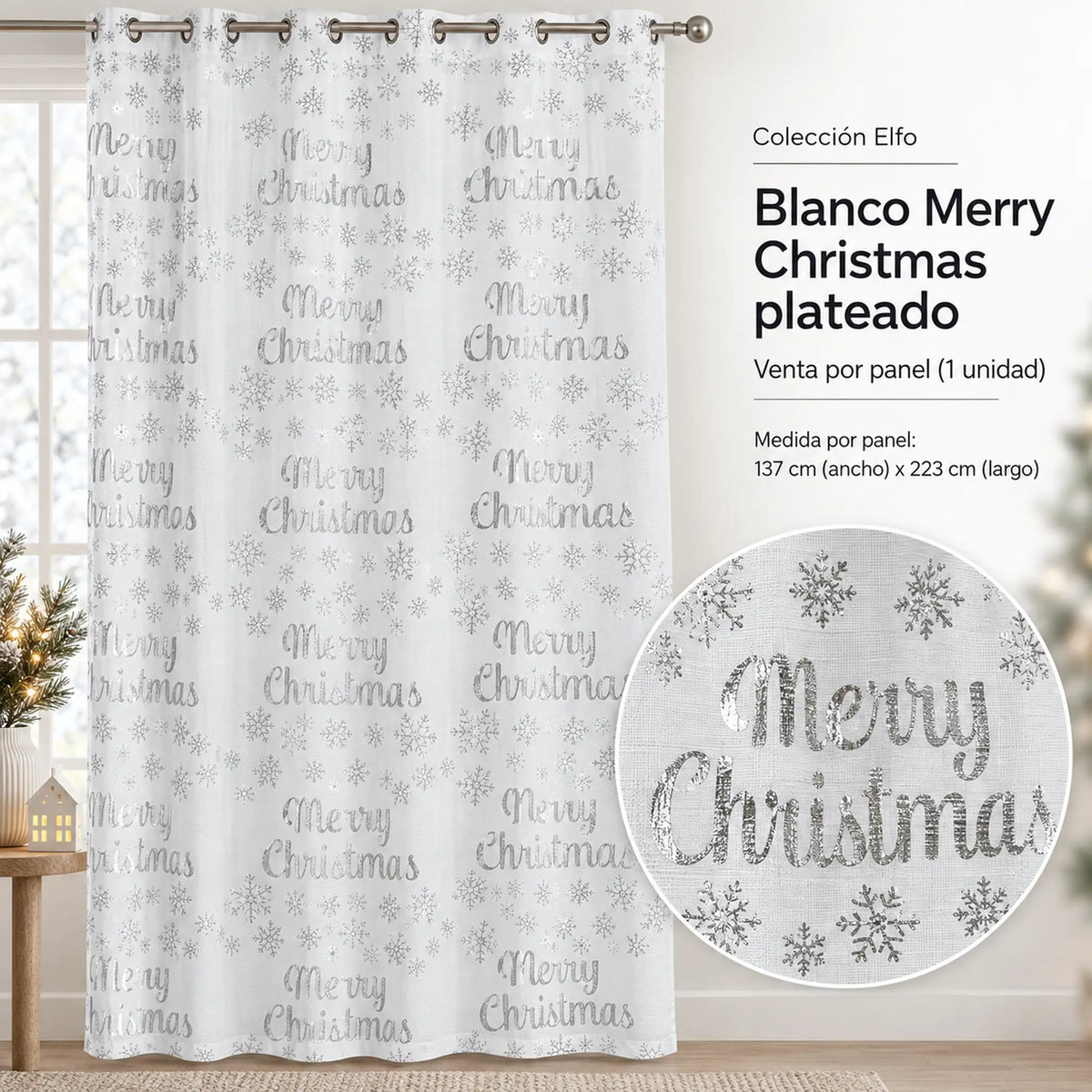 Cortina navideña Pasión Guajira Elfo blanca con letras Merry Christmas y copos plateados – diseño de la variante