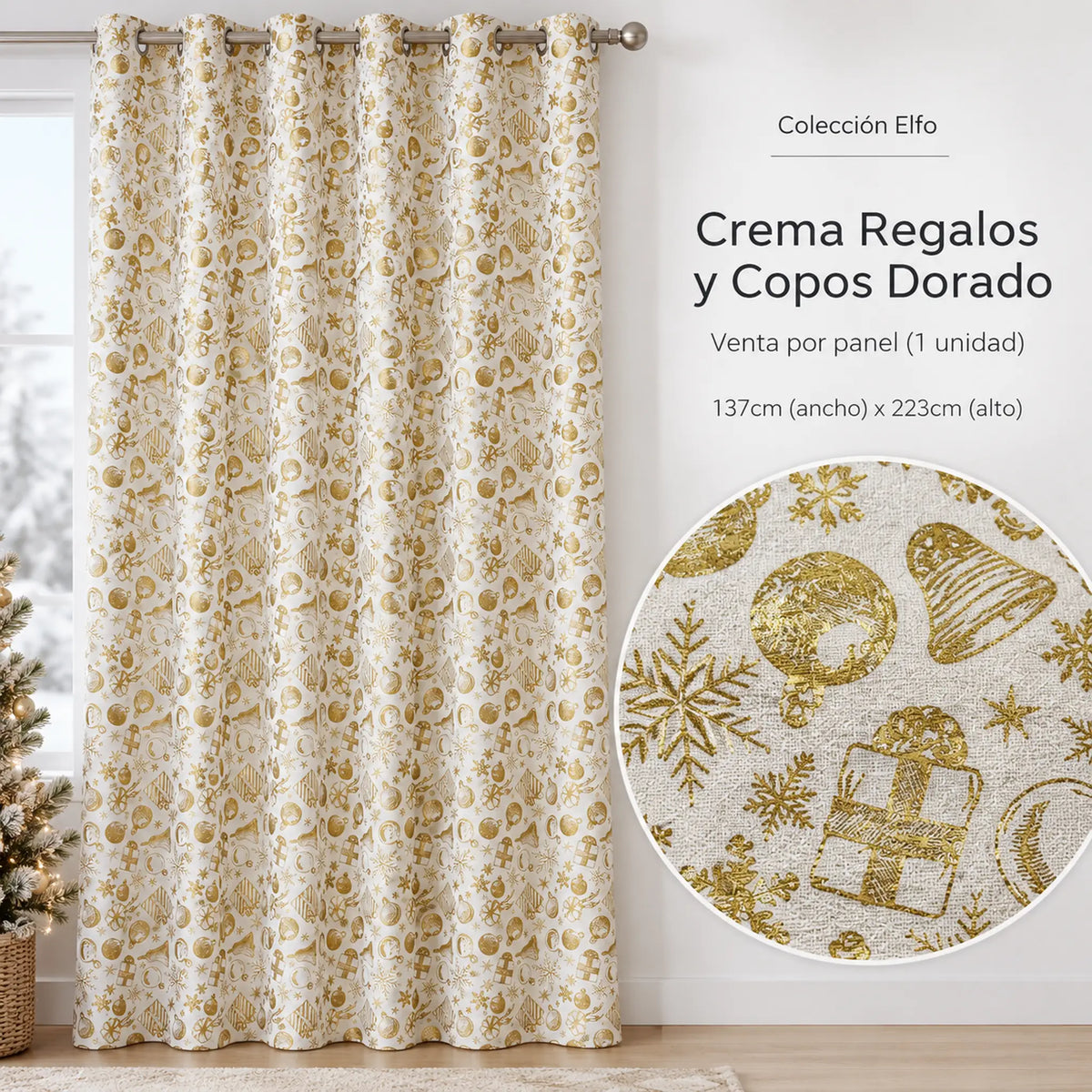 Cortina navideña Pasión Guajira Elfo crema con regalos y copos dorados – diseño de la variante