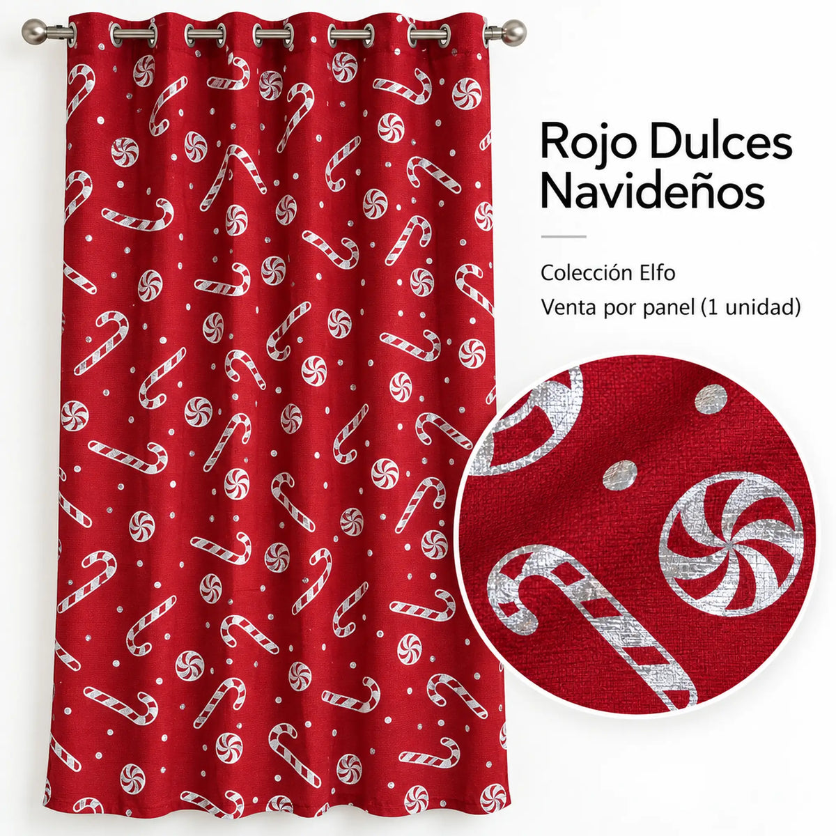Cortina navideña Pasión Guajira Elfo roja con caramelos navideños plateados – diseño de la variante