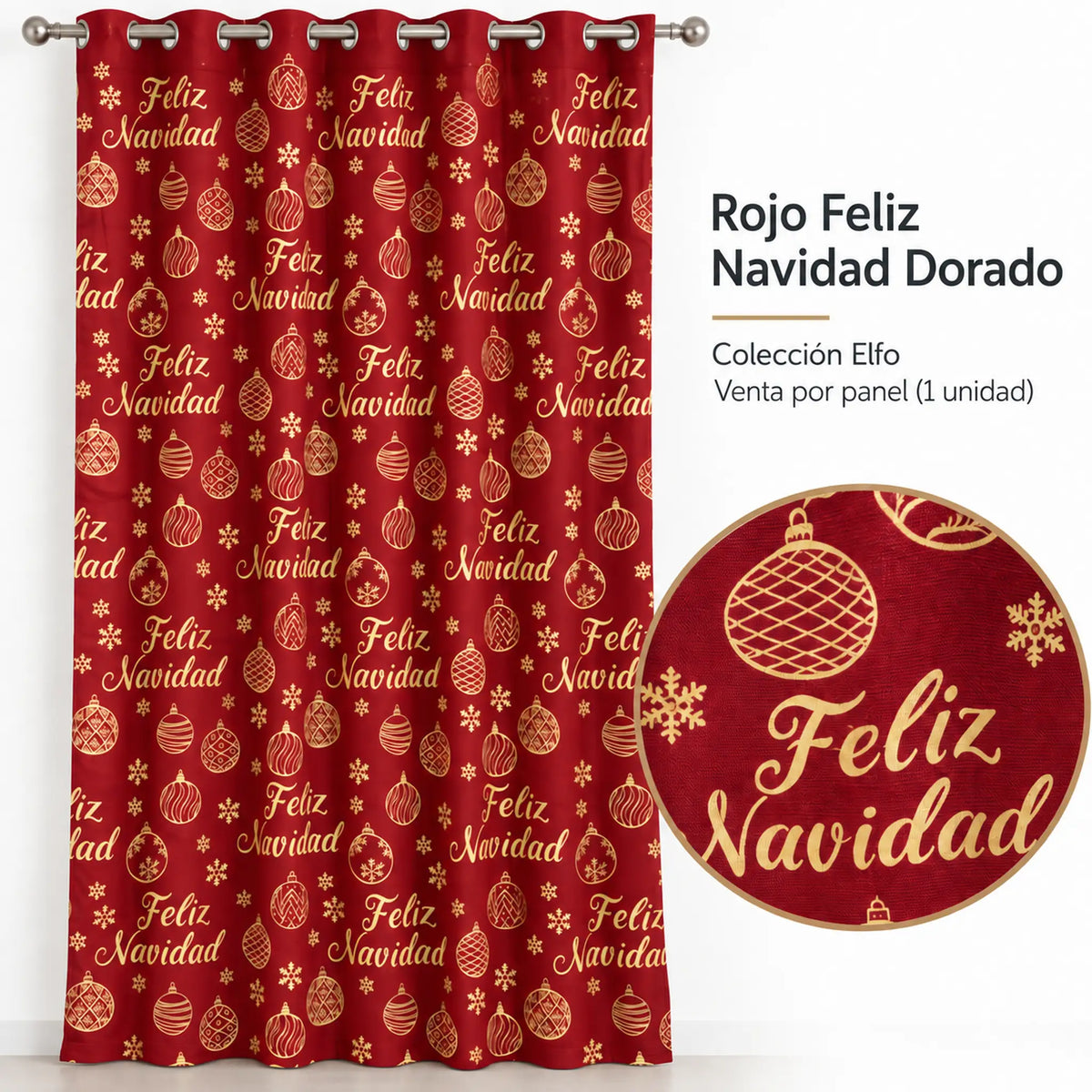 Cortina navideña Pasión Guajira Elfo roja con letras Feliz Navidad doradas – diseño de la variante