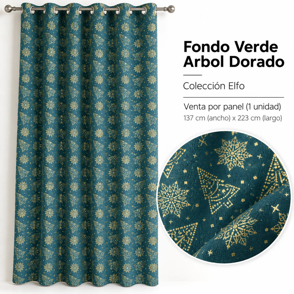 Cortina navideña Pasión Guajira Elfo verde con árboles navideños dorados – diseño de la variante