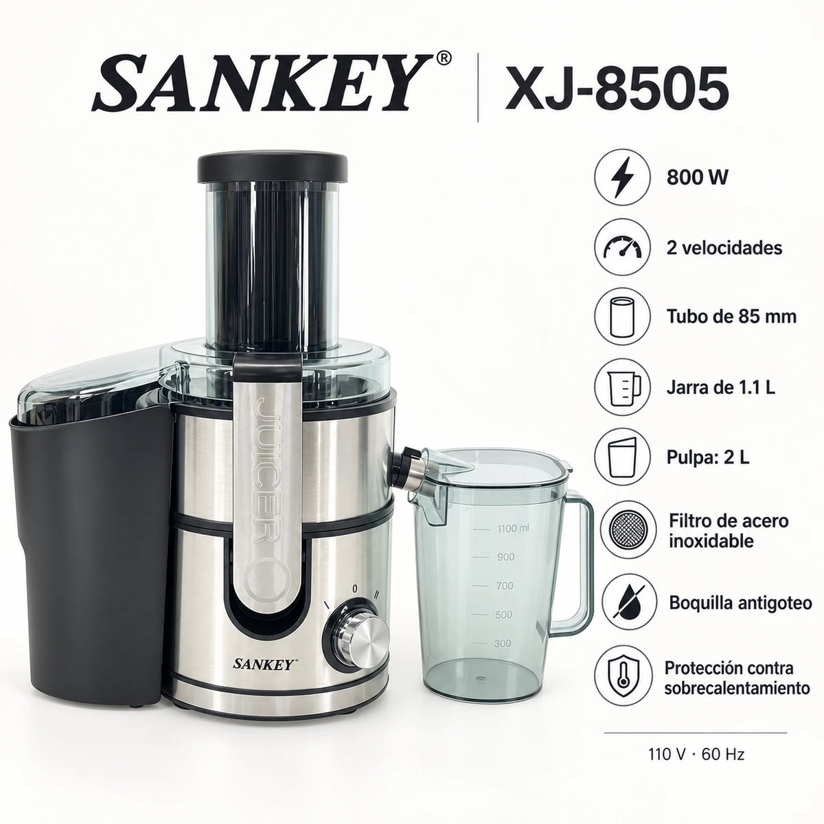 Características del extractor Sankey XJ-8505: 800 W, 2 velocidades, tubo de 85 mm, jarra de 1.1 L y pulpa de 2 L