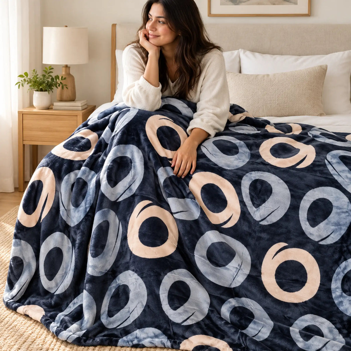 Frazada estampada afelpada 200 x 240 cm, diseño Aros Azul Marino – suavidad y confort