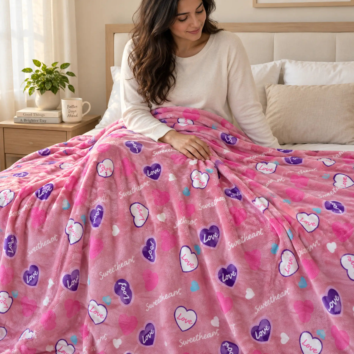 Frazada estampada afelpada 200 x 240 cm, diseño Corazones Rosa – suavidad y confort