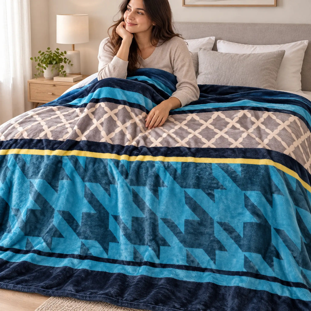 Frazada estampada afelpada 200 x 240 cm, diseño Geométrico Turquesa – suavidad y confort