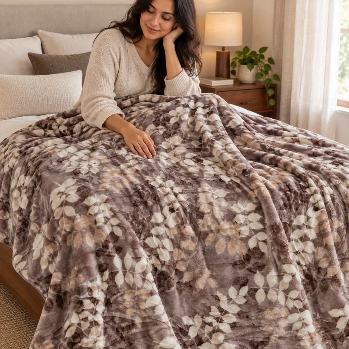 Frazada estampada afelpada 200 x 240 cm, diseño Hojas Café – suavidad y confort