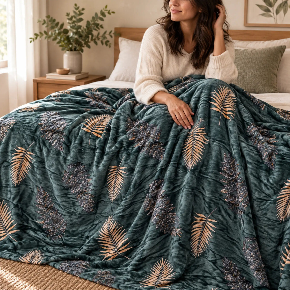 Frazada estampada afelpada 200 x 240 cm, diseño Hojas Tropicales Verde – suavidad y confort