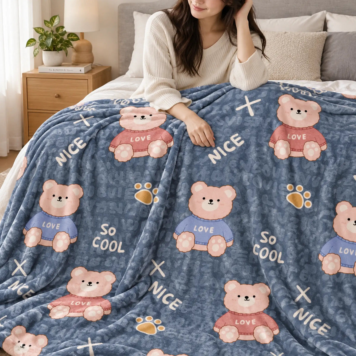 Frazada estampada afelpada 200 x 240 cm, diseño Ositos Azul – suavidad y confort